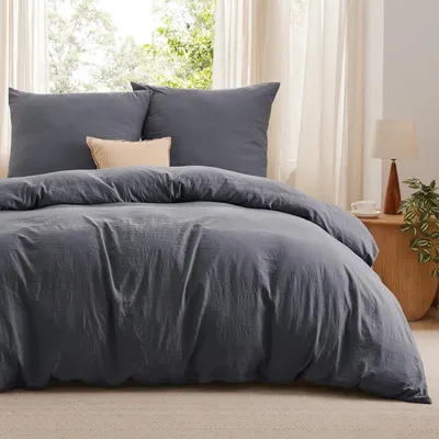 Imagen del producto de TRANKIELO® - Juego de ropa de cama de 260x240 cm - Microfibra de poliéster suave - Juego de 3 piezas en color antracita, que incluye funda de edredón y fundas de almohada