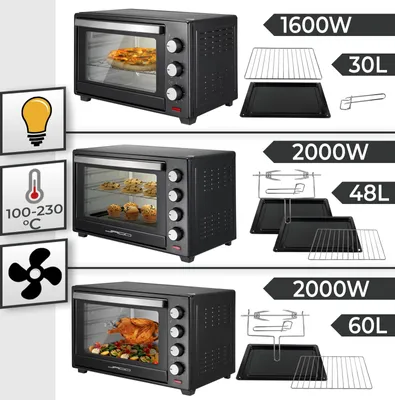 Produktbild von Jago® Minibackofen - mit Umluft, Drehspieß, Innenbeleuchtung, Elektrisch, 60L, 6 Kochmodi, 2000W, Timer, 100 - 230 °, Doppelglastür
