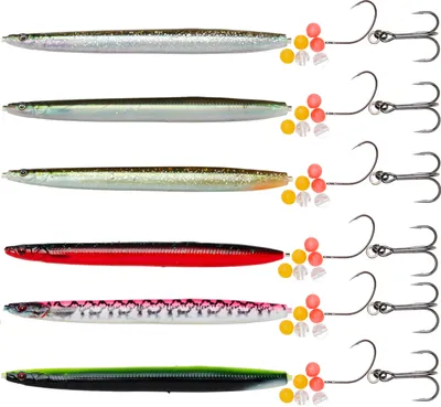 A collection of fishing lures arranged vertically against a white background.
