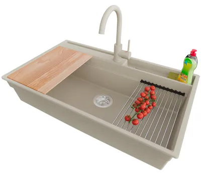 Produktbild von PRIMAGRAN Granitspüle Beige 88x53cm, Spülbecken 1 Becken + Ablauf-Set + Küchenzubehörset, Küchenspüle ab 90er Unterschrank - Oslo Pocket