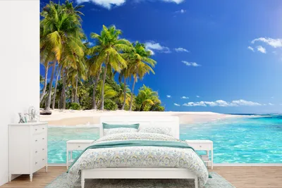 Produktbild von MuchoWow® Fototapete für Wohnzimmer oder Schlafzimmer Wandtapete Vinyl Motivtapete Strand - Meer - Palme - Sonne - Sommer - 450x300 cm - Gemusterte