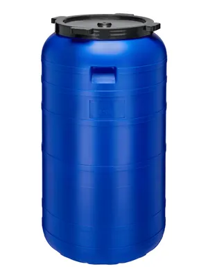 A blue plastic barrel with a black lid, shown in a studio setting against a white background.