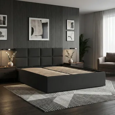 Produktbild von Polsterbett BORGO 180x200 mit Holzlattenrost, Doppelbett ohne Bettkasten, Bett mit gepolstertem Kopfteil Schwarz Geflecht