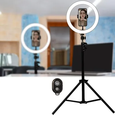 Produktbild von Professionelles LED-Ringlicht, Stativ-Ständer und Smartphone-Halterung, Fernauslöser, Ø 10" / 25 cm, App, für Youtube, TikTok, Make-Up, Live-Stream