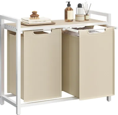Produktbild von VASAGLE Wäschekorb 2 Fächer, Wäschesammler mit Ablage, Wäschebox, Wäschesack abnehmbar, Metallrahmen, 2 x 46 L, beige