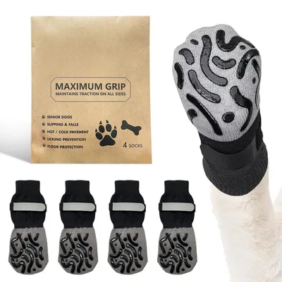 Imagen del producto de 4 pares de calcetines para perros | Evitan que los perros laman sus patas | Calcetines ajustables para perros con agarre | Protectores para patas de perros, ideales para perros mayores en suelos de madera dentro de la casa (, Talla M)