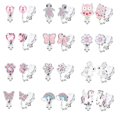 Imagen del producto de Pendientes tipo clip, hipoalergénicos, 12 pares, con diferentes diseños, para niñas
