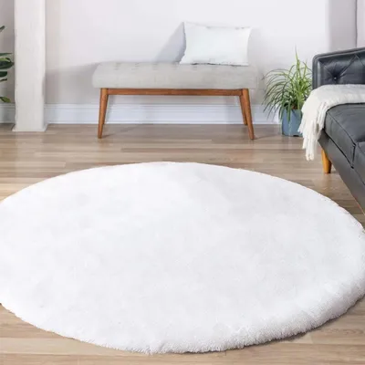 Runder Kunstbont-Teppich, Hochflor, Weiß, 1,8 m