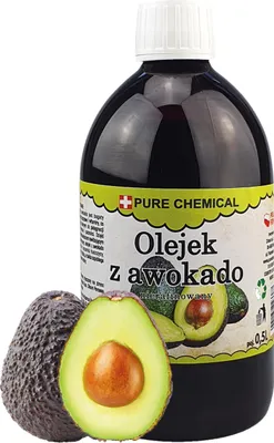 A bottle of avocado oil with avocados next to it.