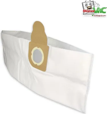 A white vacuum cleaner bag with a brown cardboard attachment is shown against a white background.