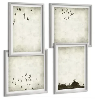 Produktbild von Bilder Set 4-teilig im silbergerahmten Rahmen – Wandbilder 4 Stück – gerahmte Poster für Wohnzimmer, Schlafzimmer und Flur – 50x50 cm - 40x60 cm – Minimalistische Vogelmalerei