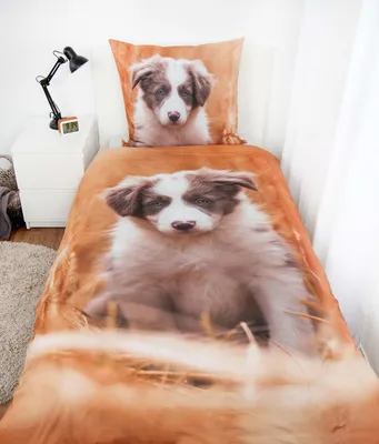 A dog-themed duvet cover and pillowcase set displayed on a bed.