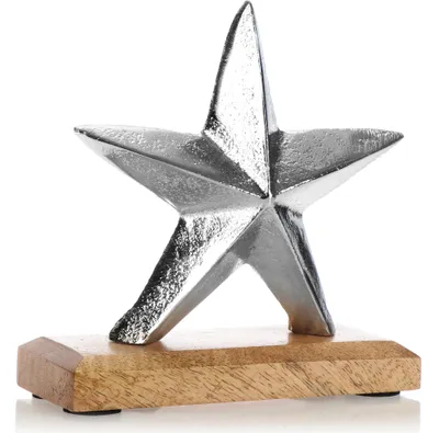 Produktbild von com-four® Premium Deko-Aufsteller Stern - Stern-Statue aus vernickeltem Aluminium auf Sockel aus Mangoholz - Deko-Stern zum Hinstellen - tolle Sterndeko
