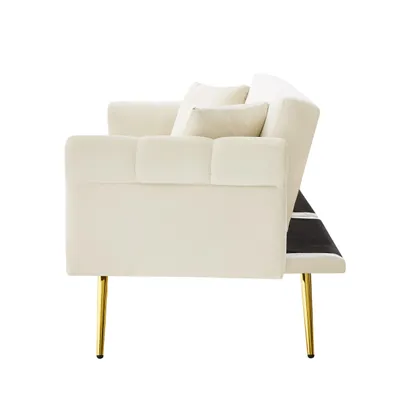Produktbild von Merax 2-Sitzer Schlafsofa mit Schlaffunktion und Verstellbare Rückenlehne, Samtbezug & goldene Metallfüße – Inkl. Kissen & Stauraum, Weiß