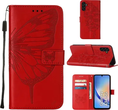 Produktbild von Lederhülle für Samsung Galaxy A34 Schmetterling Prägung Flip Ledertasche Kartenfächer Handyhülle mit Ständer Rot