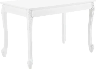 A white dining table with ornate legs.