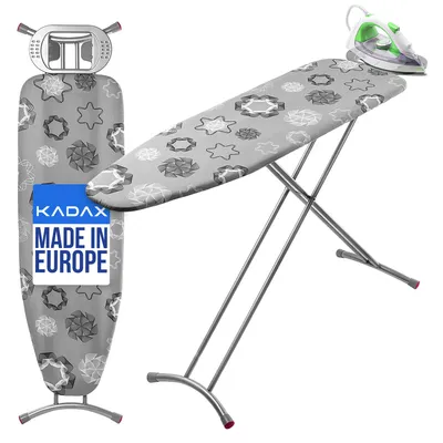 A KADAX ironing board and an iron are displayed against a white background.