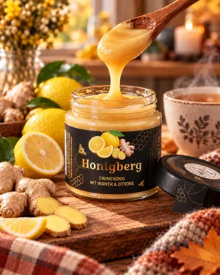 Produktbild von Honigberg Honigzubereitung mit Ingwer und Zitrone, 250 g, KI-generiertes Bild