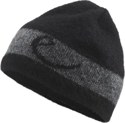 Schwarze Lapnor Beanie Mütze von Edelrid mit grauem Streifen und Logo.