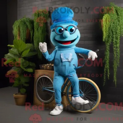 Produktbild von Maskottchen REDBROKOLY eines cyanfarbenen Einradfahrers mit Latzhose und Brille