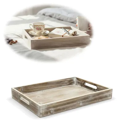 Produktbild von LS-LebenStil Serviertablett 30x20x5cm Holz Tablett Dekotablett Gekalkt Geflammt Griff Henkel Betttablett Deko Küchentablett Frühstückstablett
