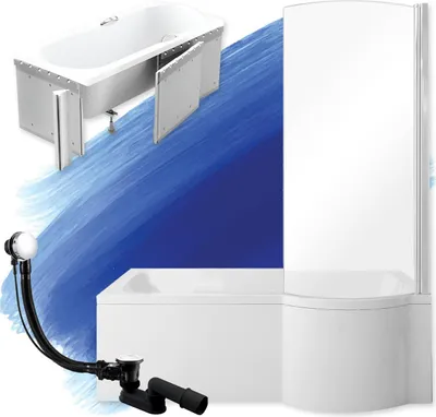 Produktbild von BADLAND Badewanne Rechteck Inspiro RECHTS 150x70 mit Glasabtrennung, Ablaufgarnitur, Füßen und Styroporverkleidung GRATIS