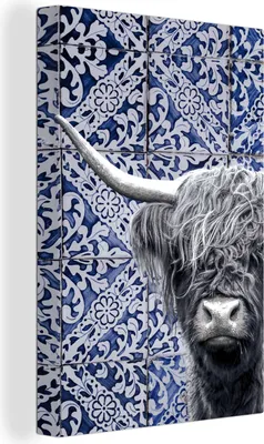 Produktbild von OneMillionCanvasses® - Leinwandbilder - 90x140 cm, Delfter Blau - Schottisches Hochlandrind - Schwarz - Weiß, Wandbilder Wohnzimmer Hochland Rind - Tier Wanddekoration - Hochland Rind - Kuh - Gemälde auf - Wandschmucke - Schlafzimmer