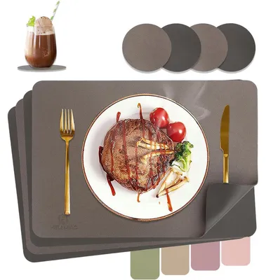 Image de Sets de table lavables, aspect cuir, résistants à la chaleur, lot de 4, couleur or/marron foncé, dimensions 43x30 cm, avec sous-verres inclus