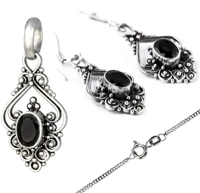 Produktbild von Jugendstil Schmuck Set SilberanhängerKetteOhrringe KristallSchwarz Sil