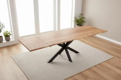 Produktbild von Esstisch Baumkante Akazie natur 180(280)x90 Ansteckplatten Spider-Gestell schwarz AVINO
