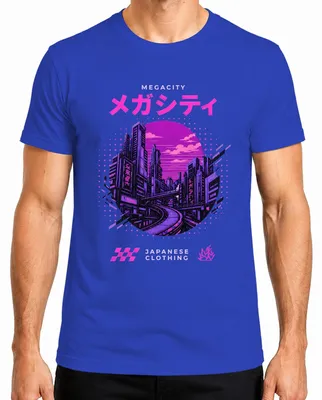 Imagen del producto de Camiseta para hombre, estilo "megaciudad japonesa", con motivos cyberpunk y synthwave, diseño retro de la época Y2K, color azul, talla S