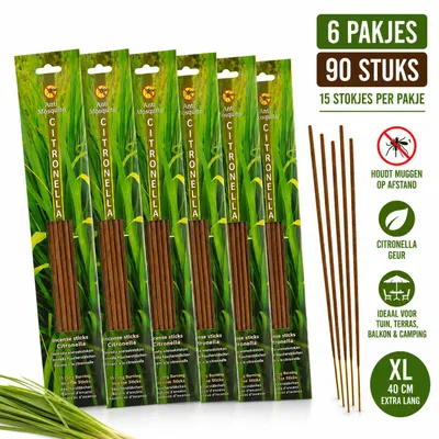 Produktbild von XL Citronella Räucherstäbchen – 6er-Pack – 90 Stück – 40 cm – Gegen Mücken – Citronella-Räucherstäbchen für draußen – Garten, Terrasse, Balkon & Camping