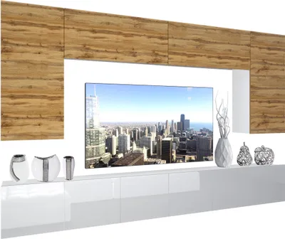 Produktbild von BELINI Wohnwand Vollausstattung Wohnzimmer-Set Moderne Schrankwand mit LED-Beleuchtung Weiß Glänzend Anbauwand TV-Schrank Eiche Wotan / Weiß Glänzend/Matt