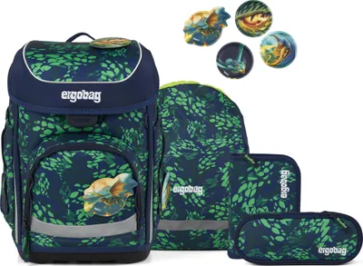 A set of school supplies including a backpack, a smaller bag, and a pencil case, all with a matching green and blue leaf pattern. There are also four round decorative patches with dragon-like imagery.