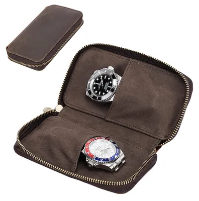 Image de Boîte à montres portable en cuir véritable, étui de voyage pour montres pour femmes et hommes, boîte à montres en cuir à 2 compartiments, boîte de rangement pour montres, étui à montres