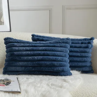 Imagen del producto de Omgoods - Juego de 2 fundas de cojín de imitación de piel con estampado a rayas, color azul, 30 x 50 cm