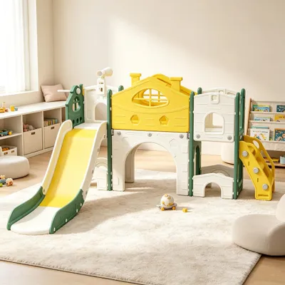 Zdjęcie produktu dla INONEFT, zjeżdżalnia dla dzieci 7 w 1: zjeżdżalnia, schody, platforma, kosz do koszykówki i teleskop. Plac zabaw dla dzieci do użytku wewnątrz i na zewnątrz