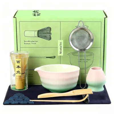 Matcha-Set 8-teilig, rosa-grün, mit Ausgießer, Bambusbesen & Sieb
