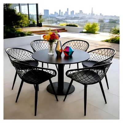 Produktbild von Esszimmerstühle 6er Set – Wetterfeste Outdoor-Sessel, Schwarze Plastikschalenstühle mit Armlehne für Balkon und Terrasse