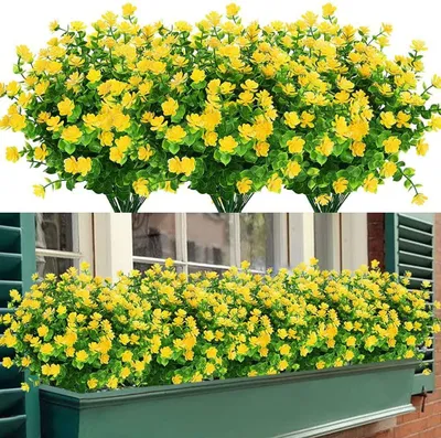 Produktbild von 8 künstliche Blumensträuße für den Balkon, UV-beständige grüne Sträucher, künstliche Eukalyptusblüten für den Innen- und Außenbereich, für Zuhause, Garten, Fenster, Hochzeitsdekoration, Party (gelb)