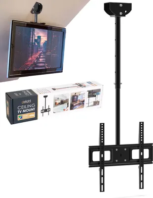 A ceiling TV mount is shown attached to a TV on a ceiling, with the product packaging and a separate disassembled mount also visible.