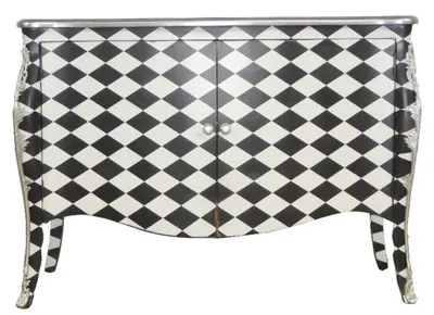 Image de Commode Casa Padrino Barock, motif carreau noir et blanc, 120 cm - Armoire luxueuse avec 2 portes et applications en argent