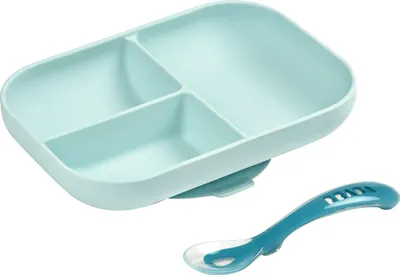 Image de Ensemble repas bébé BEABA. Avec ventouse. Antidérapant. Assiette compartimentée en silicone + cuillère. Sain et durable. Bleu