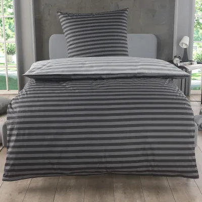 Produktbild von Baumwoll Bettwäsche 155x220 cm, 2-teiliges Set, Streifenmuster, Wende Bettbezug 155 x 220 cm, Kissenbezug 80x80, Renforcé, atmungsaktiv, elegant Grau