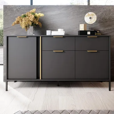 Produktbild von Kommode Sideboard VALDI 153 cm Anthrazit Gold Metallfüße 3D2S