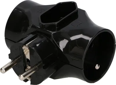 A black electrical adapter with one plug and three sockets.