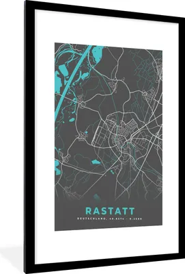 Produktbild von MuchoWow® Gerahmtes Poster Blau - Deutschland - Karte - Stadtplan - Rastatt 60x90 cm - Poster mit Schwarzem Bilderrahmen Wandposter Rahmen Foto Bilder - Dekoration - Wandposter Wohnzimmer - Hochwertig