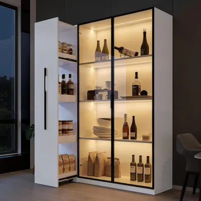 Image de OKWISH Vitrine - Meuble Haut avec Porte en Verre, Éclairage LED et Rangement Latéral Coulissant, en MDF - 110,5 x 35 x 160 cm - Blanc