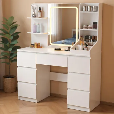 Produktbild von Schminktisch mit LED Beleuchtung Spiegel, Kosmetiktisch Frisiertisch mit 7 Schubladen und 7 Ablagefächern Weiß Holzfarbe
