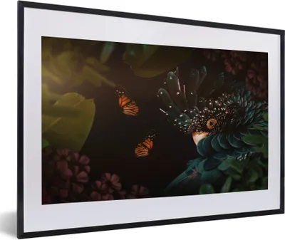 Produktbild von MuchoWow® MuchoWow® Gerahmtes Poster Dschungel - Vogel - Schmetterling - Blumen 60x40 cm - Poster mit zchwarzem Bilderrahmen - Schlafzimmer - Plakat in Rahmen - Drucken